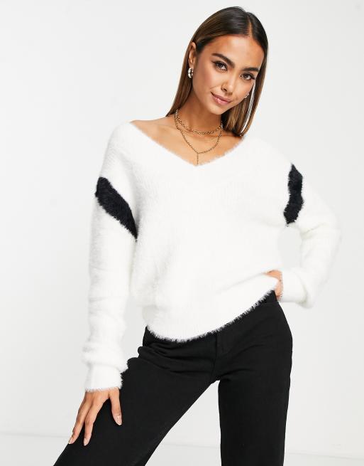 Aeropostale fluffy v neck sweater with arm stripe in white