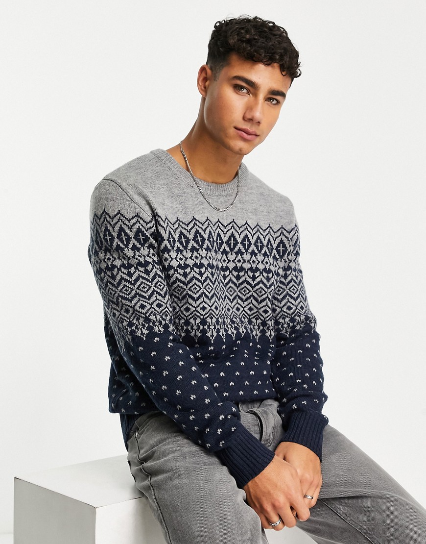 knitted sweater in navy and gray graphic print