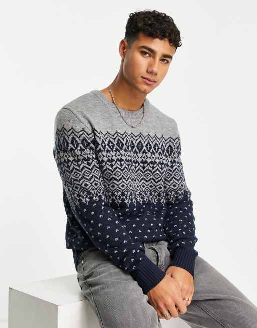 Aeropostale knitted sweater in navy and gray graphic print ASOS