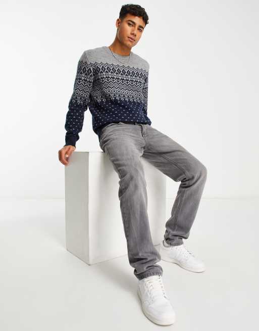 Aeropostale knitted sweater in navy and gray graphic print