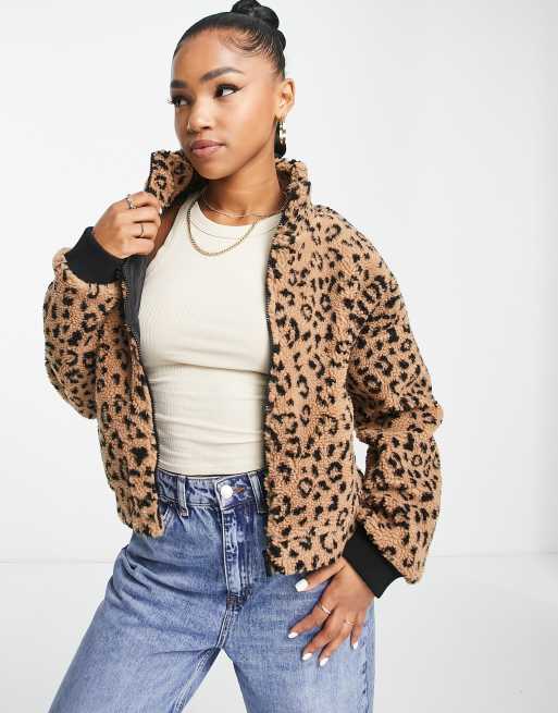 Aeropostale leopard print zip through fleece jacket in beige ASOS