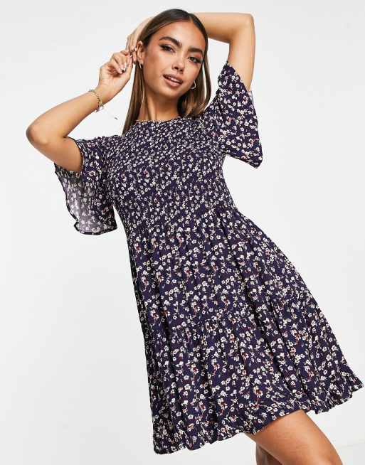 Aeropostale printed shirred smock dress in navy