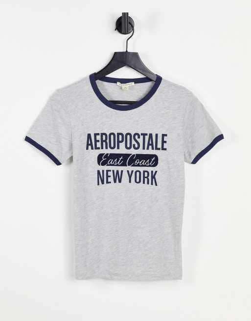Aeropostale – Ringer-T-Shirt in Grau mit Logo