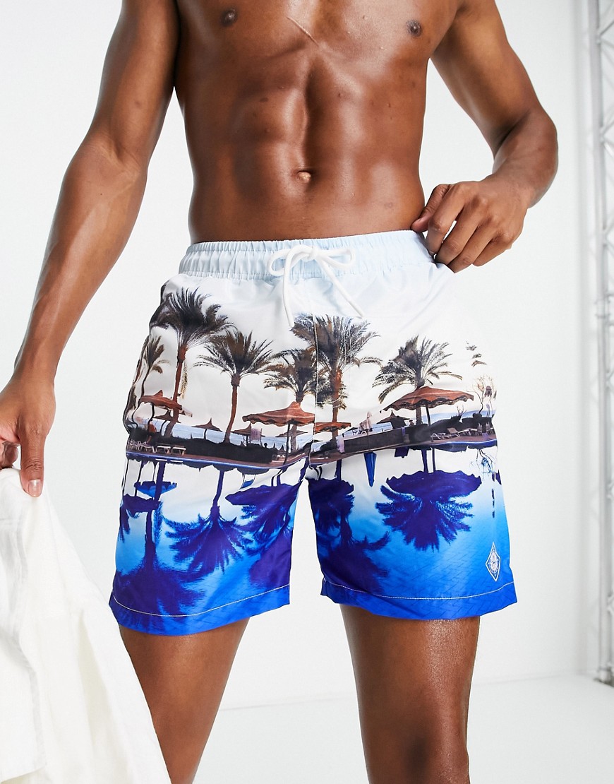 swim shorts in palm tree scene print-Blue