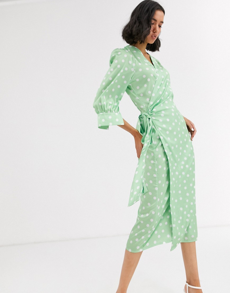 Aeryne midi wrap dress in spot print-Green