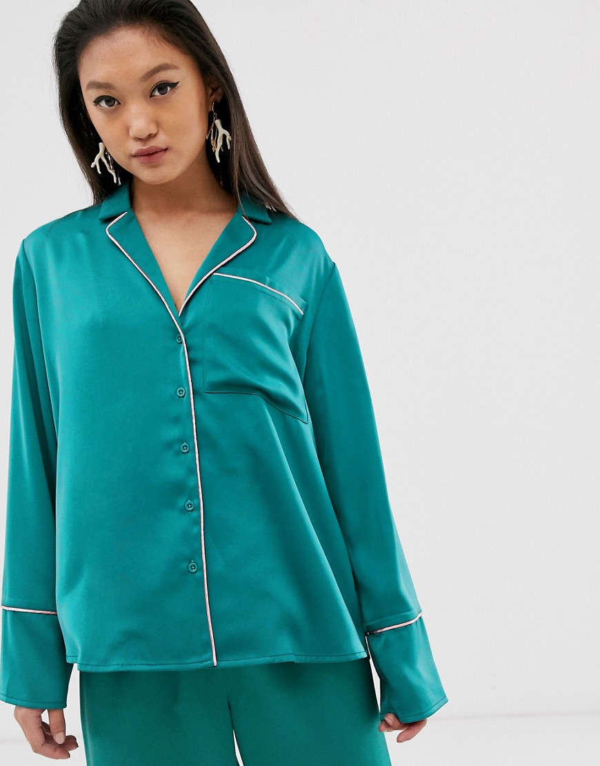 Aeryne pyjama top with contrast piping-Green
