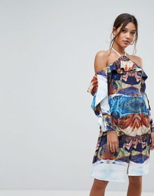 Aeryne - Schouderloze midi-jurk met print en dijsplit-Multi