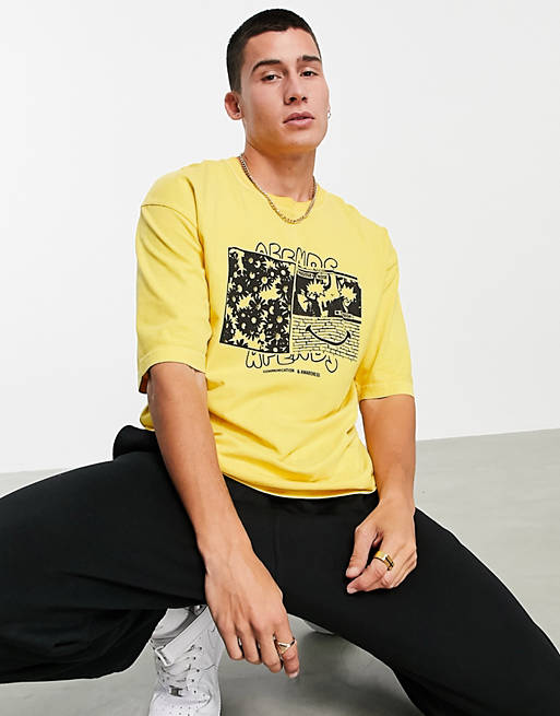 Men Afends Positive Noise oversized t-shirt in yellow with placement print 