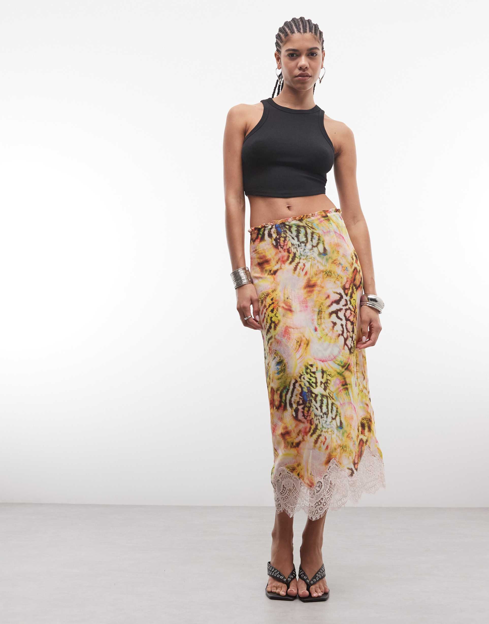 afrm ackley high rise lace hem midi skirt in pink multi print