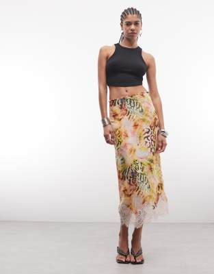 Afrm Ackley Midi Skirt With Lace Hem In Multi