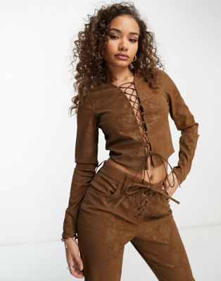 AFRM Aida co-ord long sleeve lace up graphic top in mocha-Brown