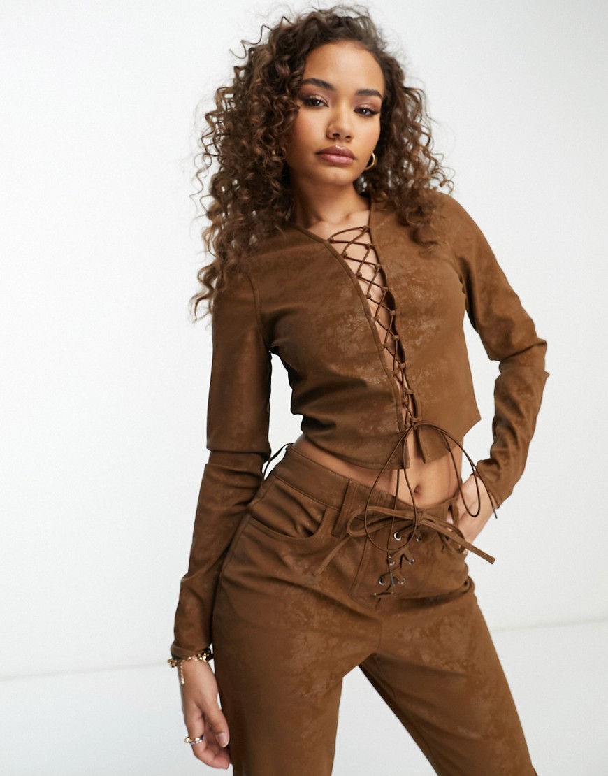 Afrm Aida Long Sleeve Lace Up Graphic Top In Mocha - Part Of A Set-brown