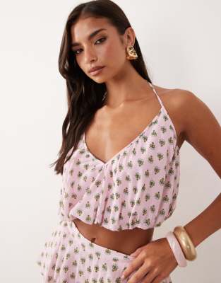 AFRM Ailee halter neck crop top co-ord in pink polka dot