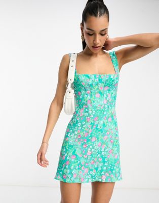 AFRM Alanna floral mini dress in teal - ASOS Price Checker