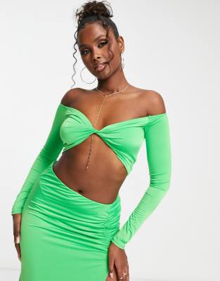 Shop Afrm Ally Slinky Twist Front Long Sleeve Top In Green - Part Of A Set