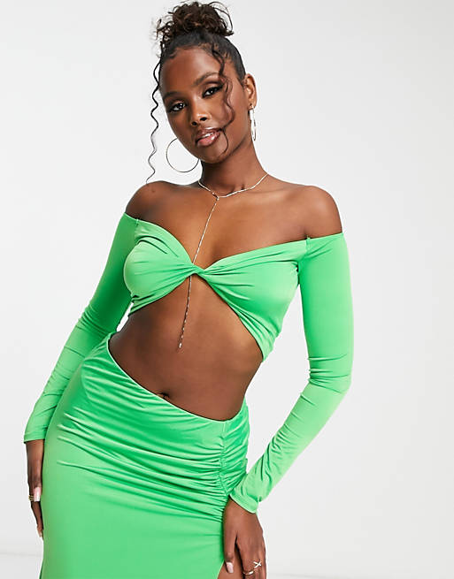 Meget Beskrive Ud over AFRM Ally slinky twist front long sleeve top in green - part of a set | ASOS
