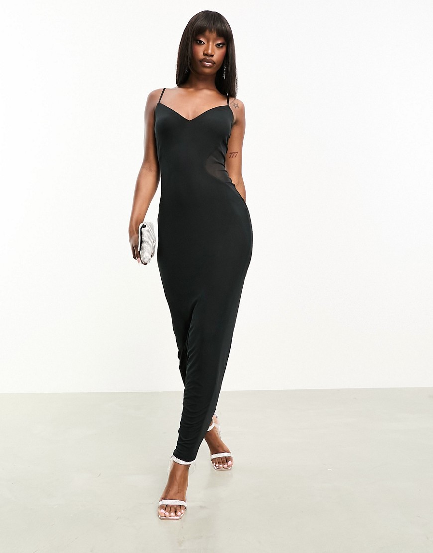 Afrm Alyson Ankle Length Dress In Black Mesh With Lining