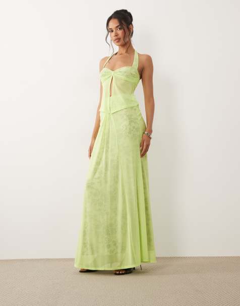 AFRM Amirah mesh lace overlay high rise knot detail maxi skirt co-ord in acid lime - view 1