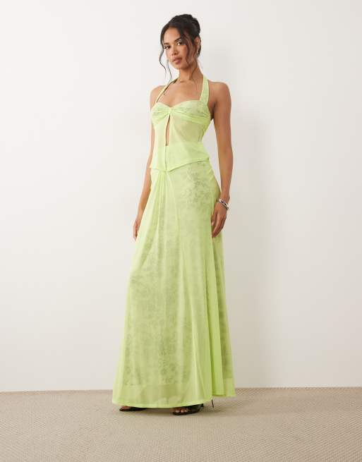 AFRM mesh sweetheart halterneck top and mesh knot detail maxi skirt co-ord in acid lime, 3 of 3
