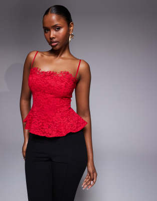 Afrm Ari Lace Scallop Trim Structured Cami Top In Red