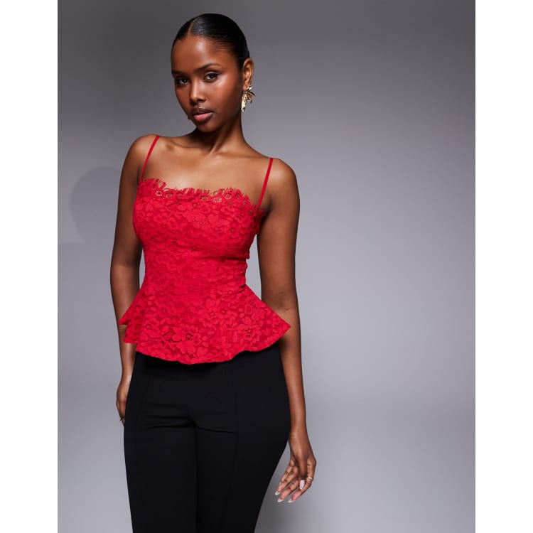 AFRM Ari lace scallop trim structured cami top in red - part of a