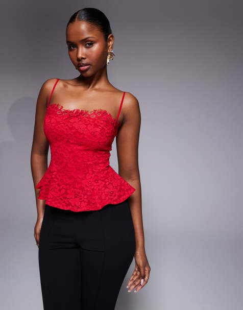 AFRM - Ari - Rød cami-top med struktur og bølgekant i blondestof - Del af sæt - view 1