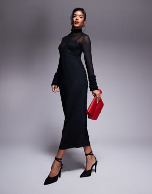 Ariel mesh maxi dress with ruffle sleeve detail in black