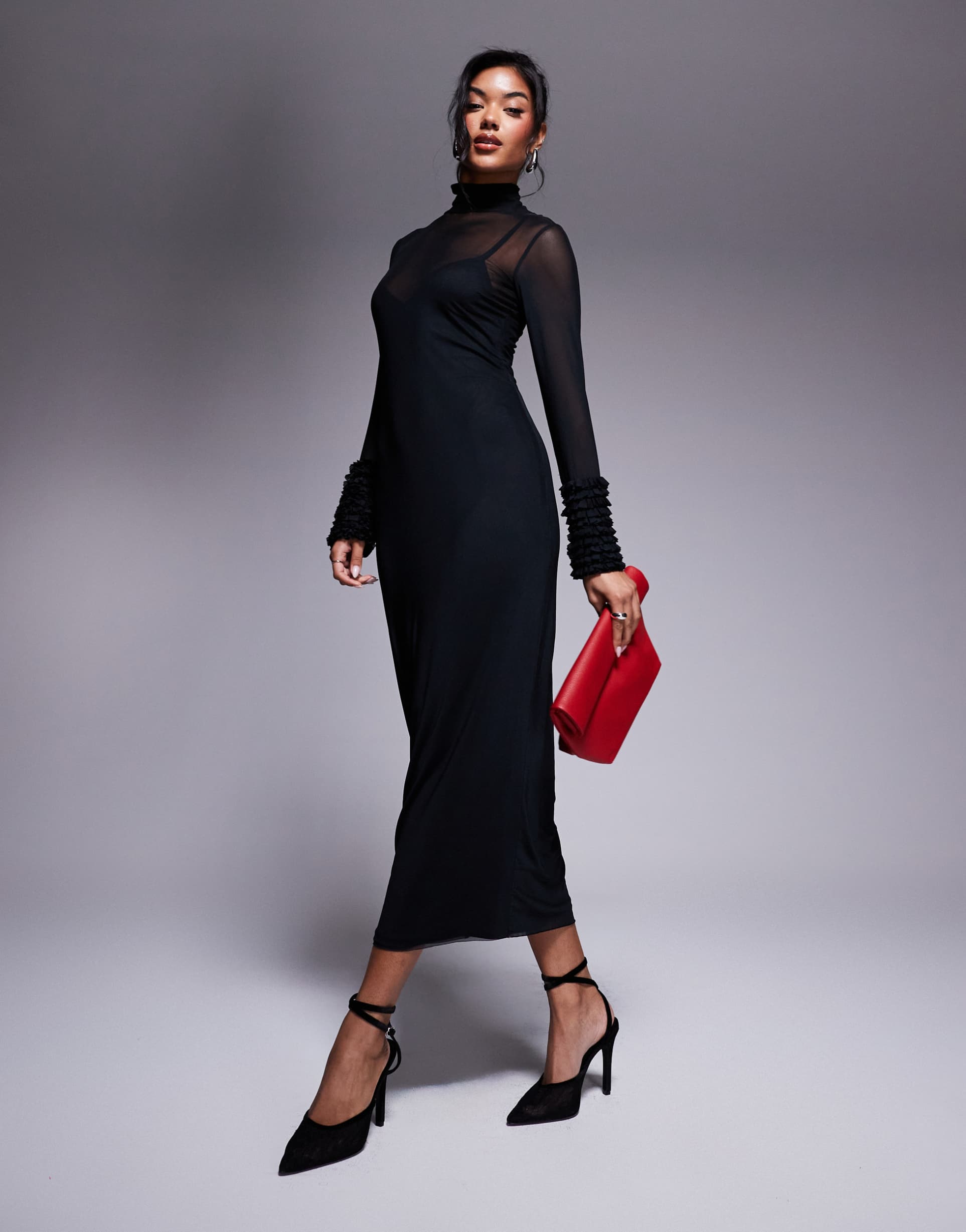 afrm ariel mesh maxi dress with ruffle sleeve detail in black