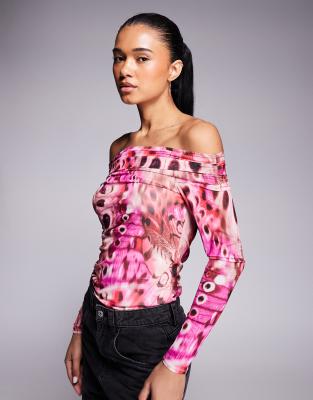 Afrm Asymmetric Off Shoulder Mesh Top In Pink