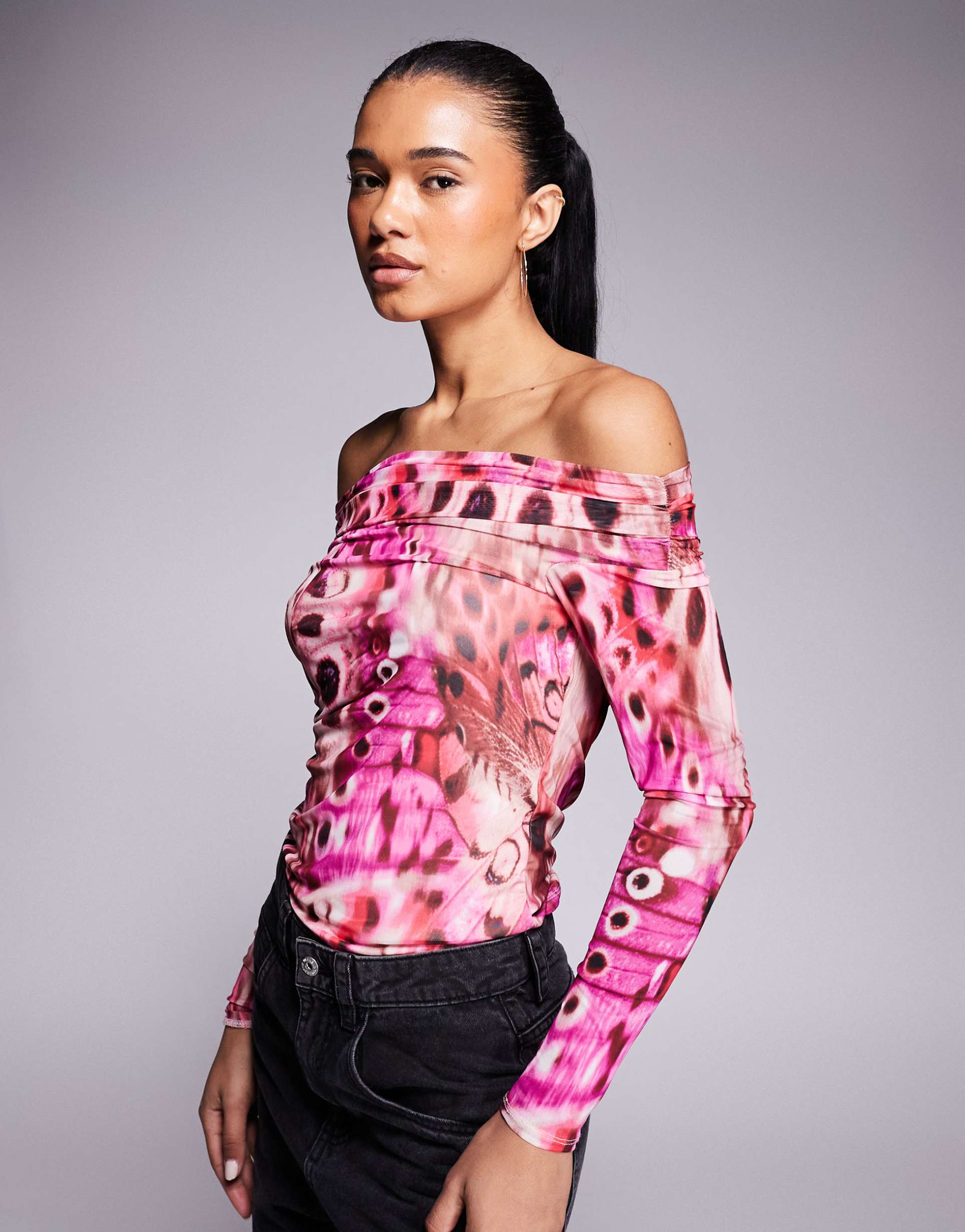 afrm asymmetric off shoulder mesh top in berry fly print