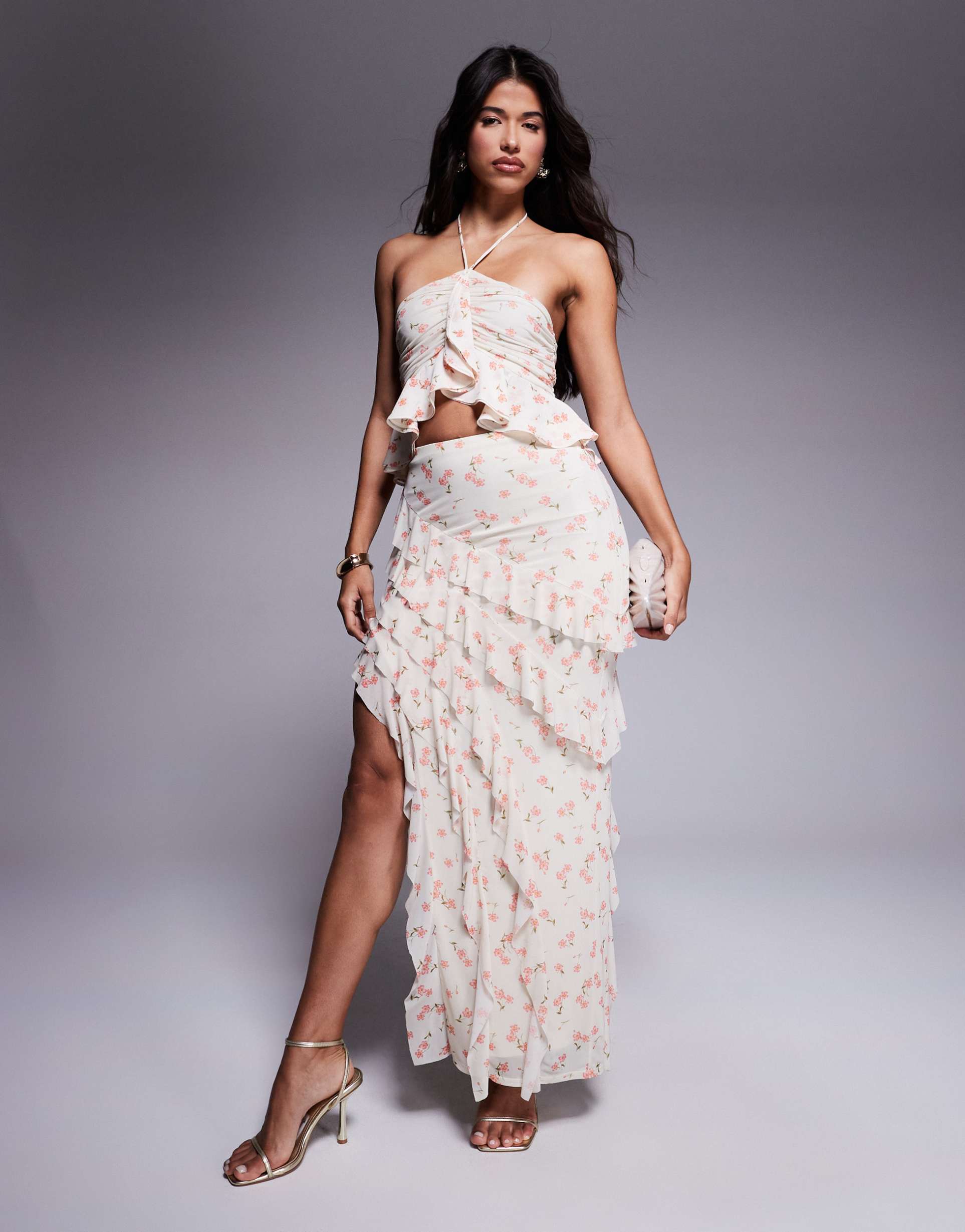 afrm asymmetrical ruffle maxi skirt in ditsy floral