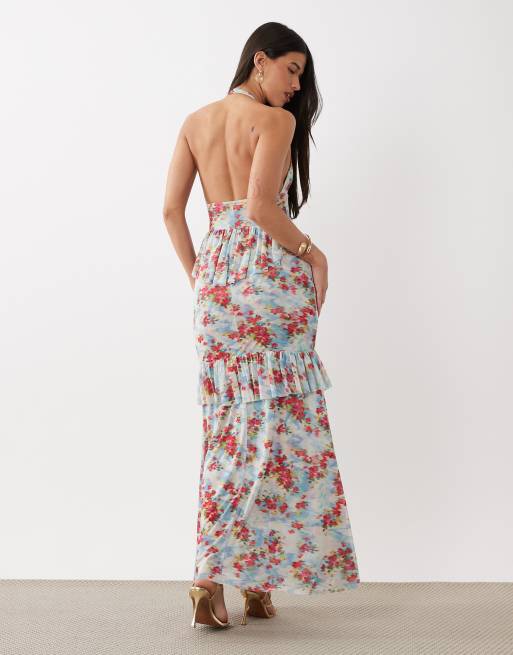 AFRM - Athens - Blå niveauinddelt maxikjole med i mesh med blomsterprint og halterneck, 4 af 4