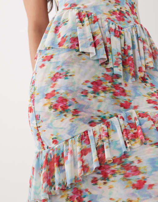 AFRM - Athens - Maxi jurk van mesh met halternek, stroken en bloemenprint in blauw, 3 van 4