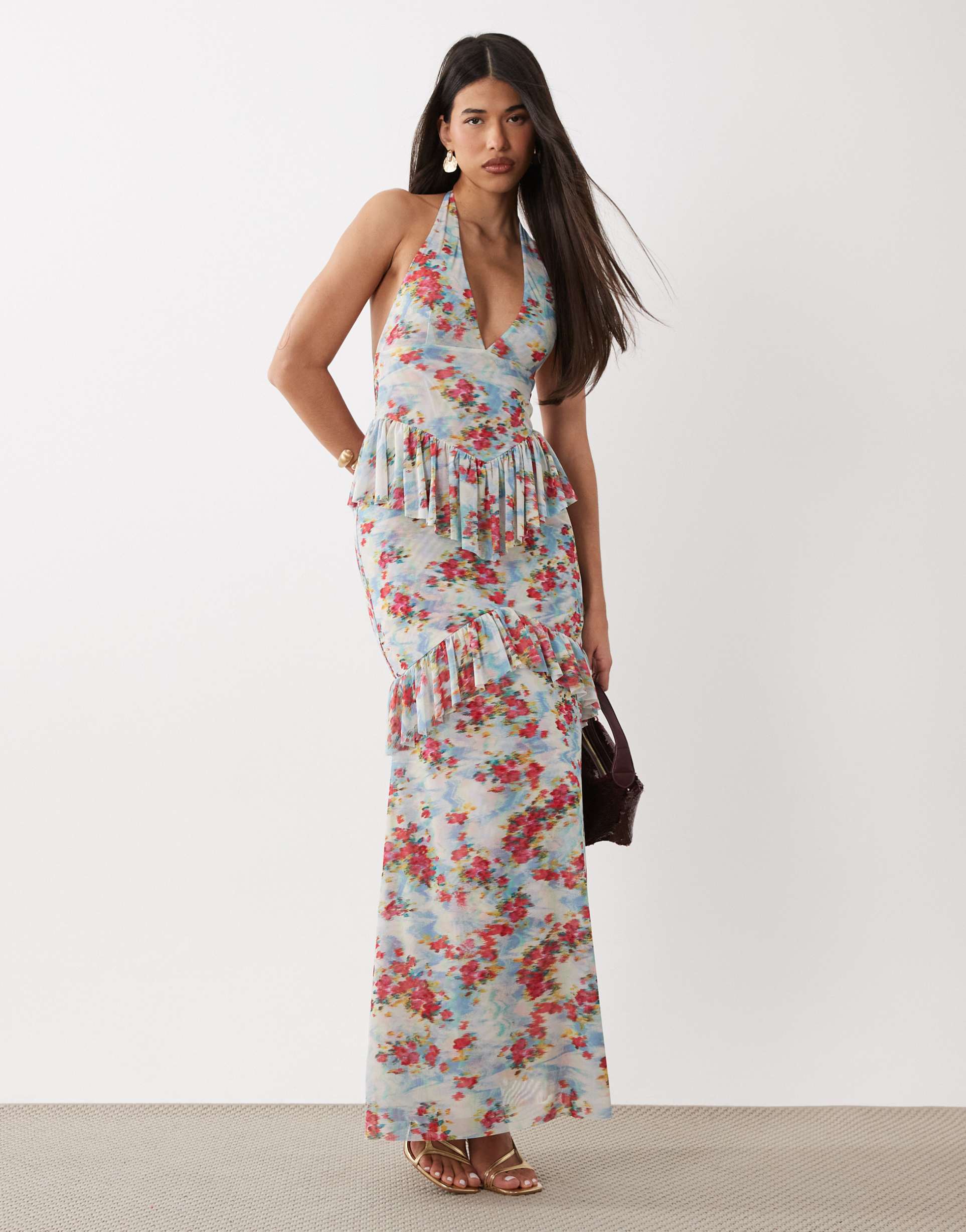 afrm athens printed mesh halter neck tiered maxi dress in blue floral