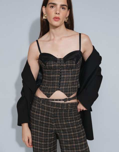 AFRM Aura lace detail hook and eye corset top in charcoal check (part of a set) - view 1