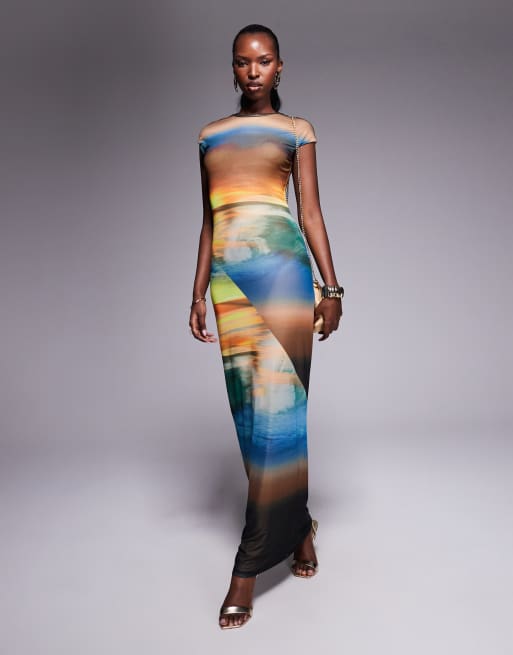 AFRM bandeau power mesh midaxi dress in ocean ombre print