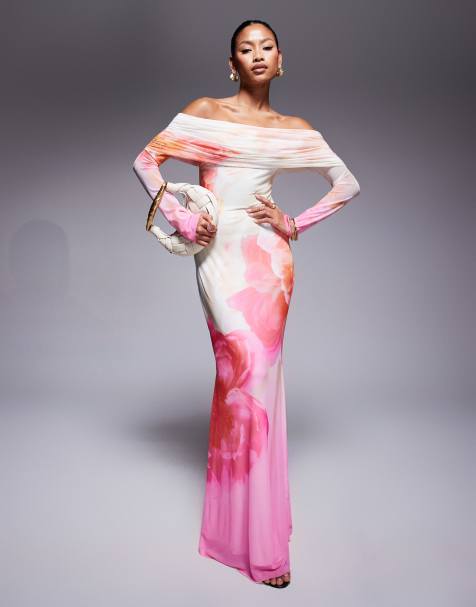 AFRM bardot long sleeve maxi dress in ombre pink floral - view 1
