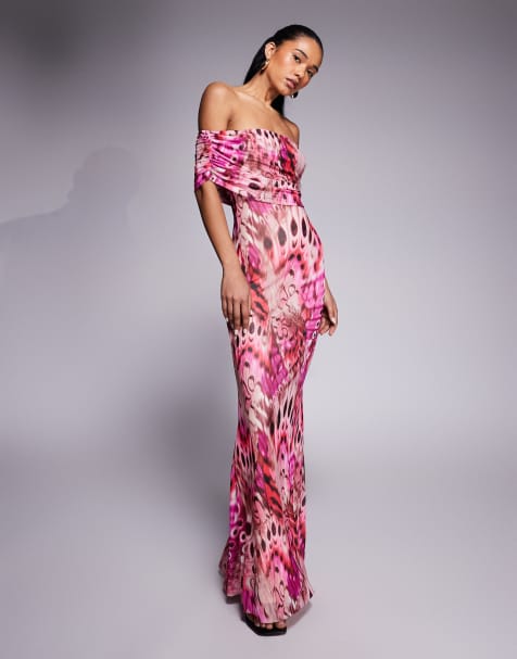 AFRM bardot mesh maxi dress in berry fly print - view 1