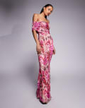 [AFRM] AFRM bardot mesh maxi dress in berry fly print-Pink XS Berry