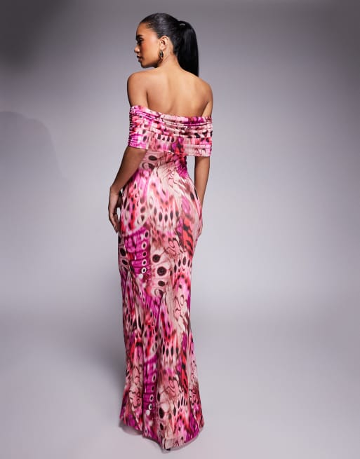 AFRM bardot mesh maxi dress in berry fly print, 3 of 4