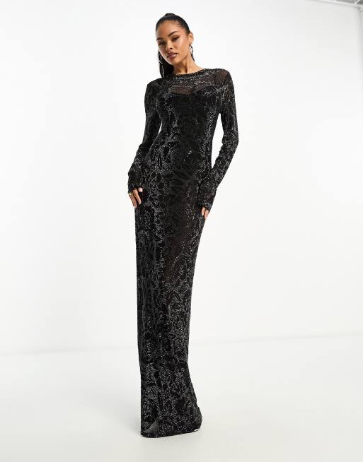 Black Rhinestone Mesh Long Sleeve Maxi Dress