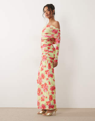 AFRM Bevin mesh elasticated waist high rise maxi skirt co-ord in lime and pink floral