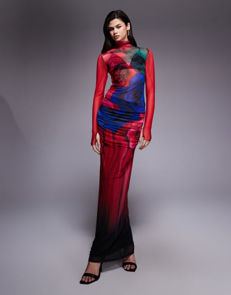 AFRM Bevin mesh ruched maxi skirt co-ord in red blurred floral print - view 1