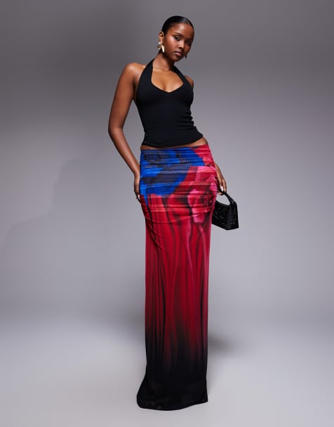 AFRM Bevin mesh ruched maxi skirt co-ord in red blurred floral print