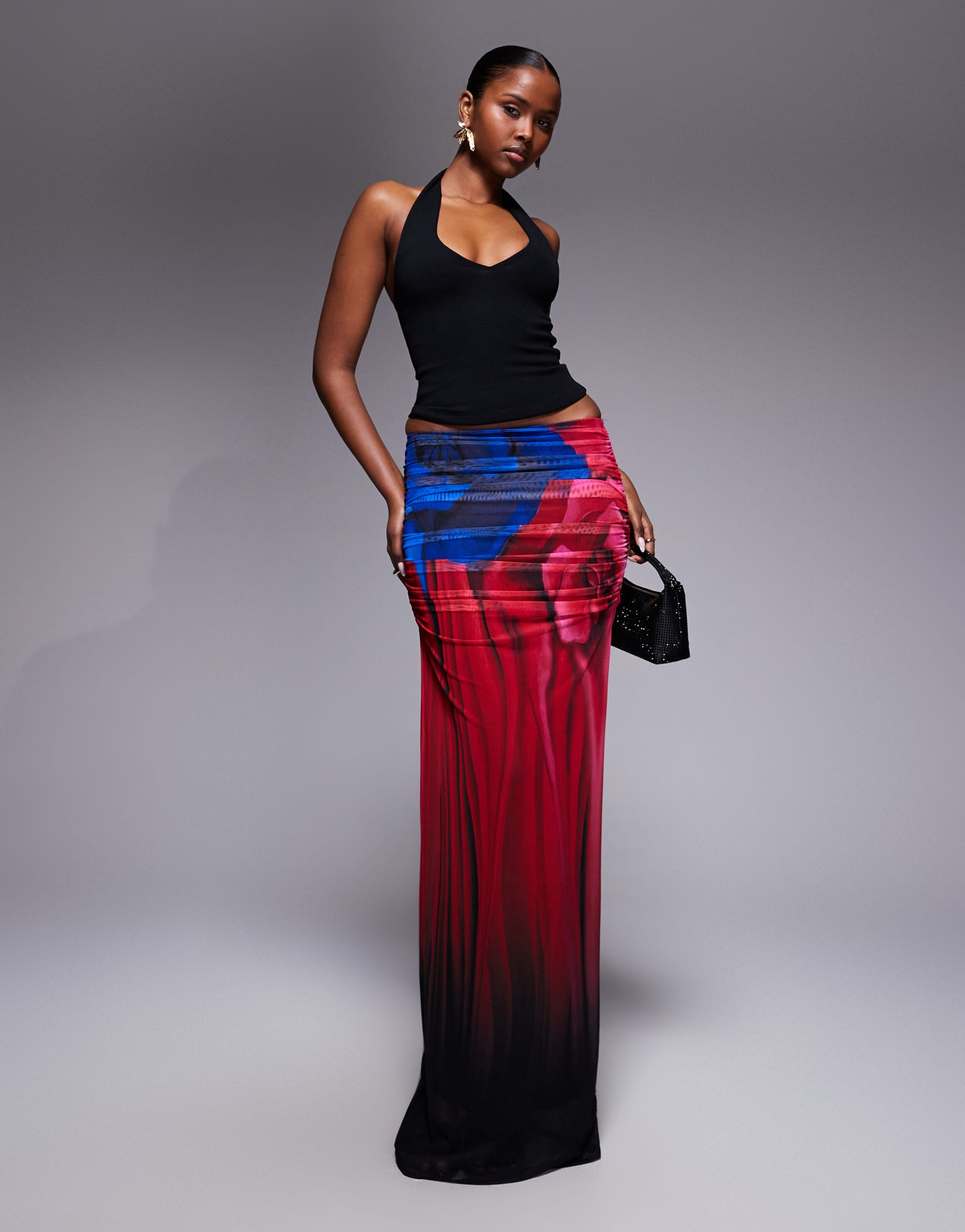 afrm bevin mesh ruched maxi skirt in red blurred floral print - part of a set