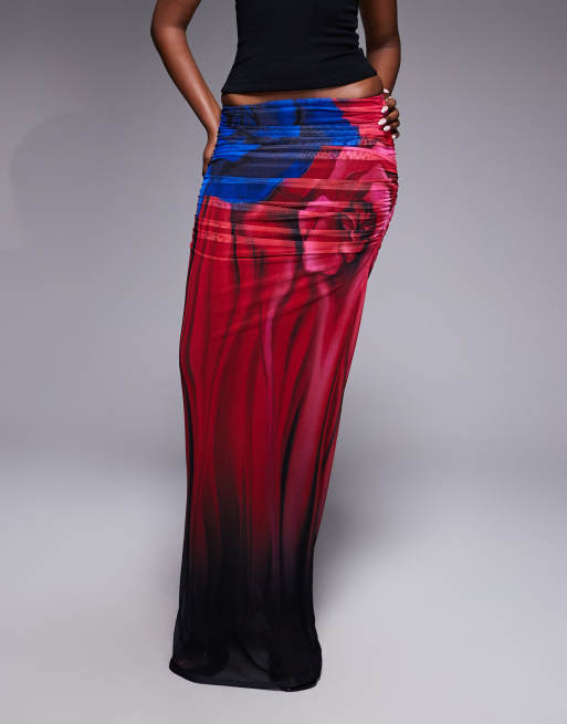 AFRM Bevin mesh ruched maxi skirt in red blurred floral print - part of a set, 2 of 5