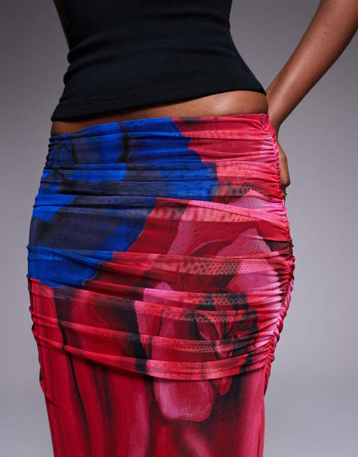 AFRM Bevin mesh ruched maxi skirt in red blurred floral print - part of a set, 3 of 5