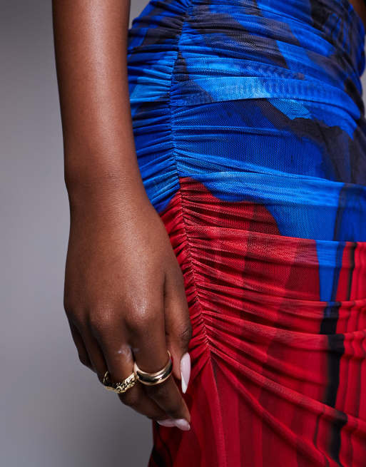 AFRM Bevin mesh ruched maxi skirt in red blurred floral print - part of a set, 4 of 5