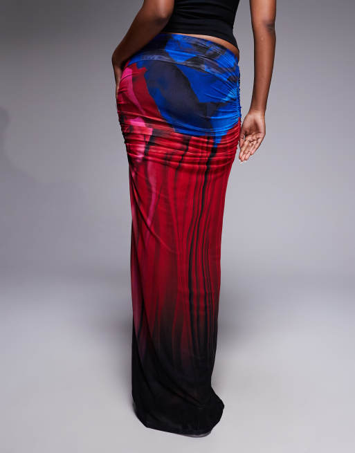 AFRM Bevin mesh ruched maxi skirt in red blurred floral print - part of a set, 5 of 5