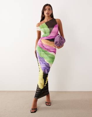 Afrm Biona Asymmetric One Shoulder Ruched Midi Dress In Multi